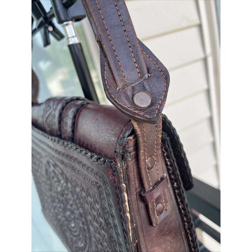 Vintage Mexican Aztec Mayan Tooled Brown Leather Handbag Purse Boho Hippie Vibe - Picture 12 of 16